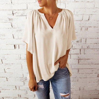 Women’s Blouse – Relaxed Fit – V-Neck – Short Sleeve – Flowy Lightweight Casual Top
