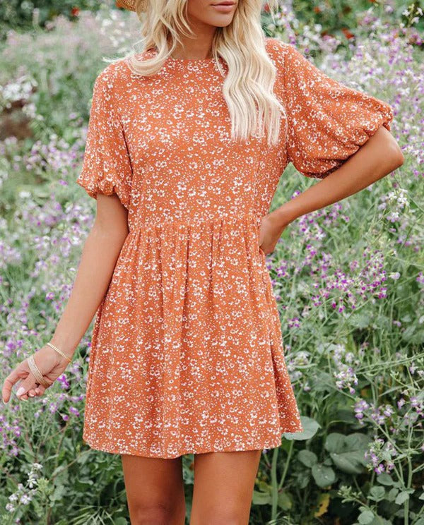 Women’s A-Line Dress – Puff Sleeves – Floral Pattern – Breathable Fabric – Mini Length