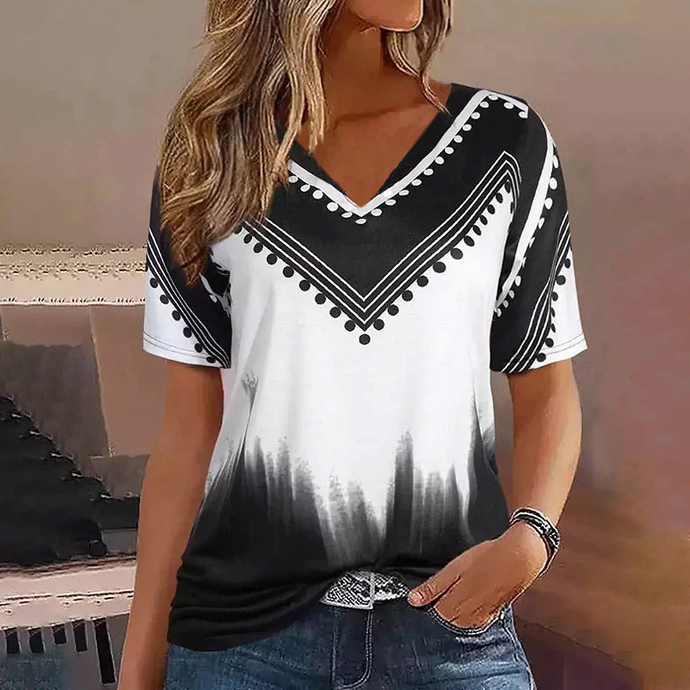 Women’s Oversized T-Shirt – V-Neck – Soft Cotton Blend – Stripe Geometric Print