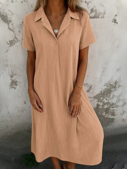 Women’s Shirt Dress – Relaxed Fit – Cotton – Midi Length – Short Sleeve – Casual Wear