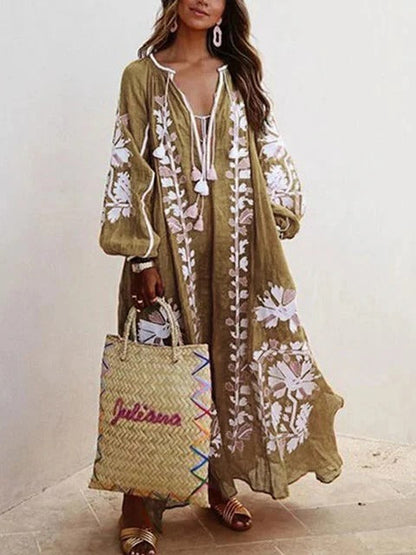 Women’s Kaftan Dress – Floral Embroidered – Relaxed Fit – Cotton Feel – Full Length