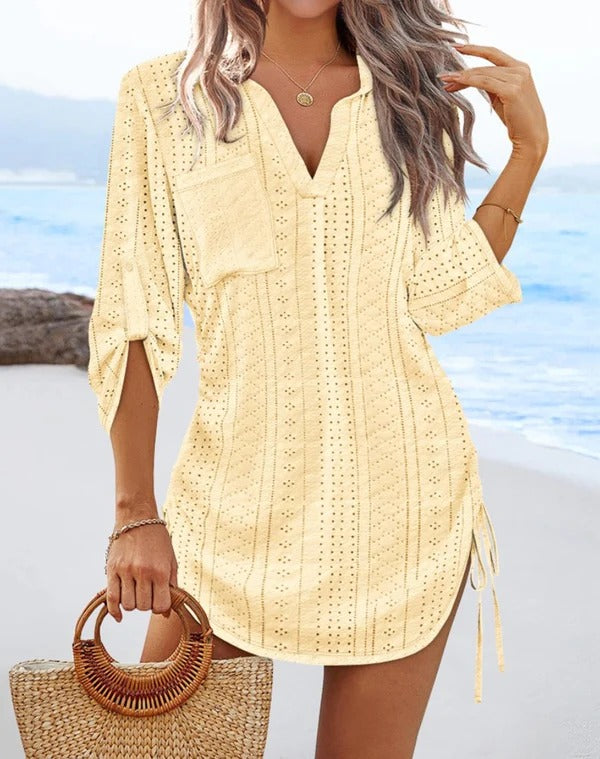 Women’s Beach Dress – Eyelet Lace – Relaxed Fit – V-Neck – Drawstring Side Detail