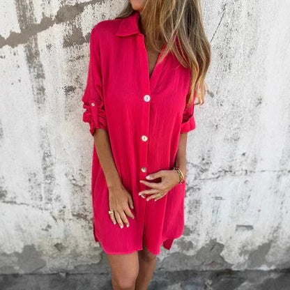 Women’s Shirtdress – Relaxed Fit – Button Front – Rolled Sleeves – Breathable Blend