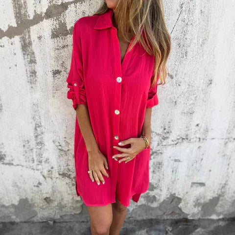 Women’s Shirtdress – Relaxed Fit – Button Front – Rolled Sleeves – Breathable Blend