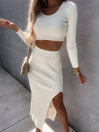 Women’s Two-Piece Skirt Set – Ribbed Knit – Bodycon Fit – Cropped Top & Midi Skirt