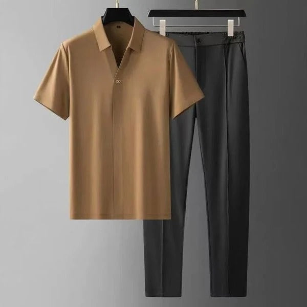 Men’s Two-Piece Set – Slim Fit Shirt and Trousers – Cotton Blend – Button Down