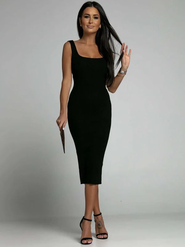 Women’s Maxi Dress – Ribbed Knit – Bodycon Fit – Sleeveless Square Neckline