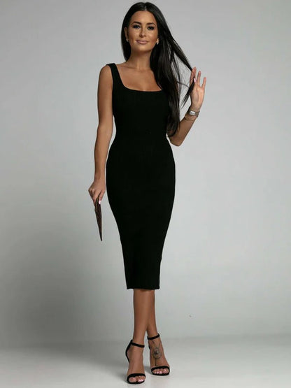 Women’s Maxi Dress – Ribbed Knit – Bodycon Fit – Sleeveless Square Neckline