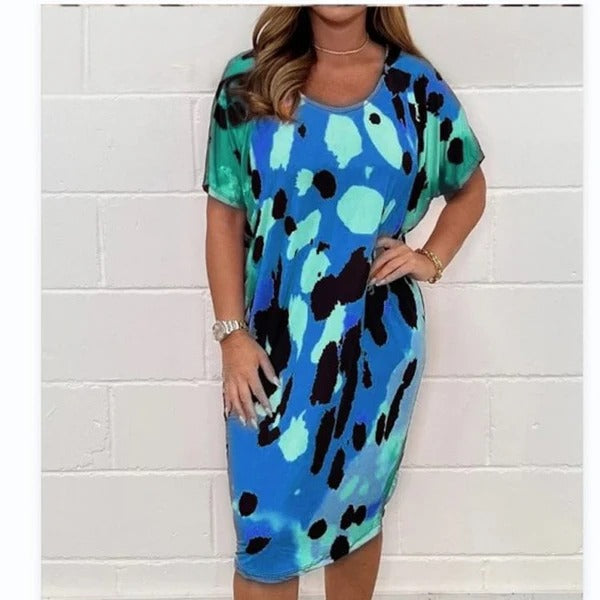 Women’s Midi Dress – Relaxed Fit – Lightweight Breathable – Watercolor Print – Short Sleeve