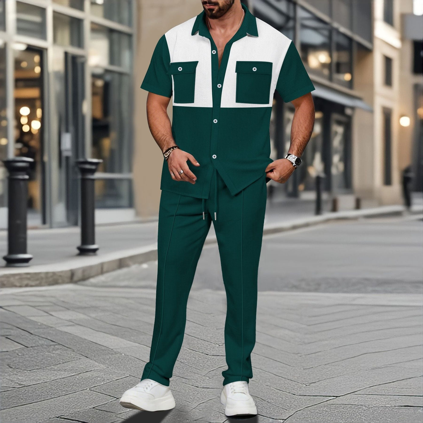 Men’s Two-Piece Set – Waffle Knit – Relaxed Fit Shirt and Drawstring Tapered Pants