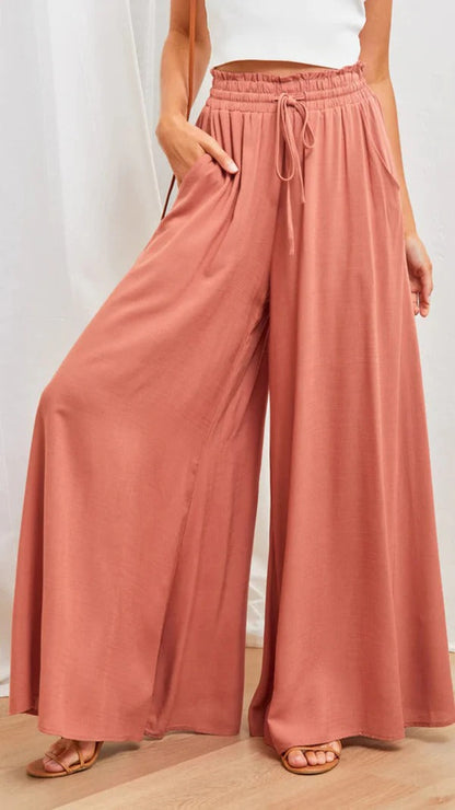 Women’s Relaxed Fit Pants – Wide Leg – Pleated Cotton Blend – Elastic Drawstring Waist