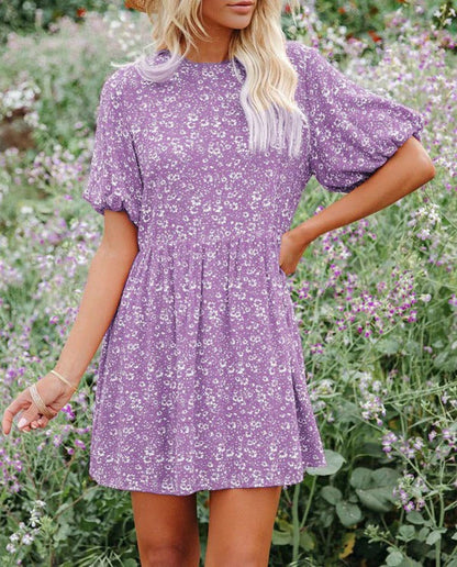 Women’s A-Line Dress – Puff Sleeves – Floral Pattern – Breathable Fabric – Mini Length