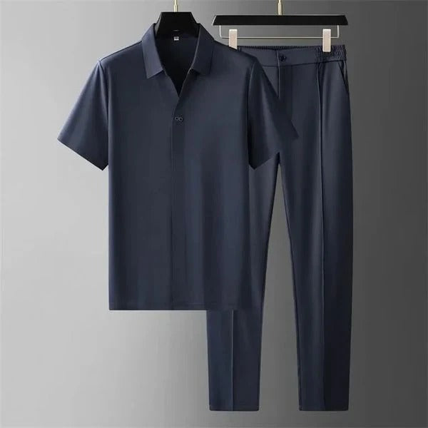 Men’s Two-Piece Set – Slim Fit Shirt and Trousers – Cotton Blend – Button Down