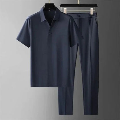 Men’s Two-Piece Set – Slim Fit Shirt and Trousers – Cotton Blend – Button Down