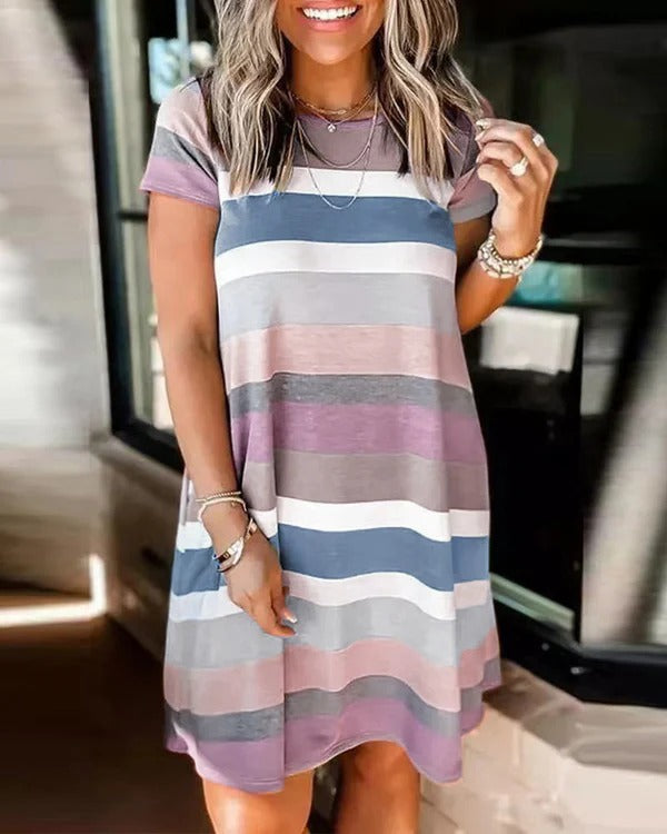 Women’s Casual Dress – Soft Knit – Relaxed Fit – Short Sleeve – Crew Neck – Knee Length