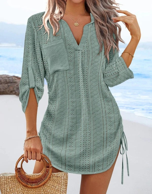 Women’s Beach Dress – Eyelet Lace – Relaxed Fit – V-Neck – Drawstring Side Detail