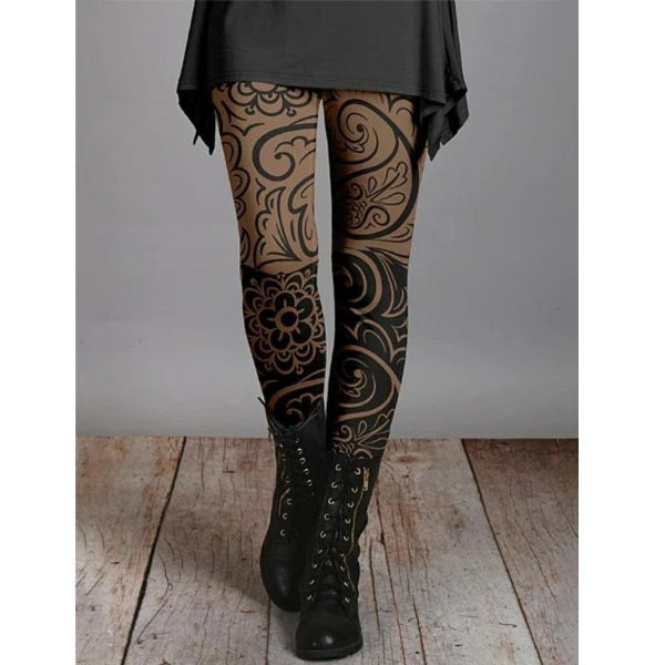 Women’s Leggings – Slim Fit – Stretch Fabric – Vintage Floral Print – Full Length Casual