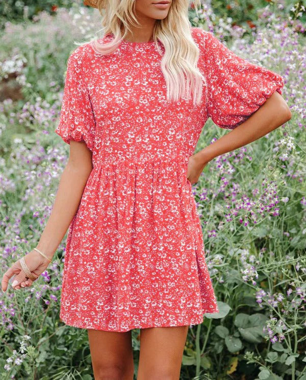 Women’s A-Line Dress – Puff Sleeves – Floral Pattern – Breathable Fabric – Mini Length