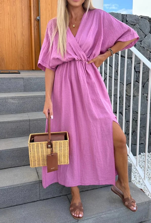 Women’s Maxi Dress – Relaxed Fit – Wrap Front – V-Neck – Short Sleeve – Side Slits