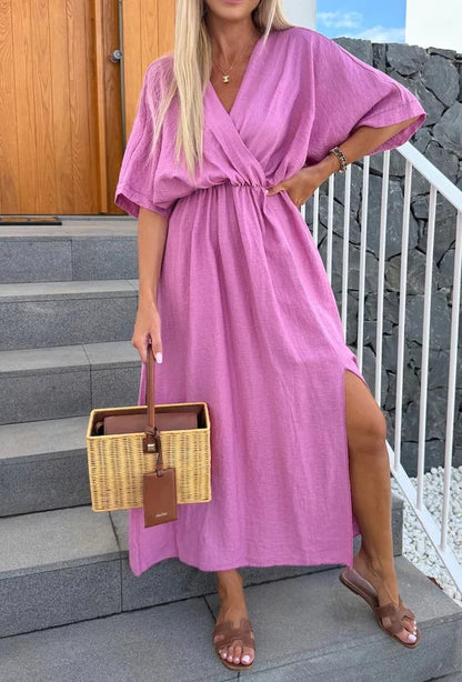 Women’s Maxi Dress – Relaxed Fit – Wrap Front – V-Neck – Short Sleeve – Side Slits