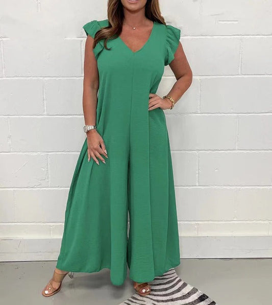 Women’s Overalls – Wide Leg Fit – Ruffled Shoulder – V-Neck – Breathable Fabric