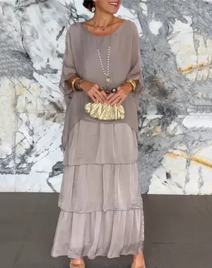 Women’s Maxi Dress – Tiered Flow – Elbow Sleeve Elegance
