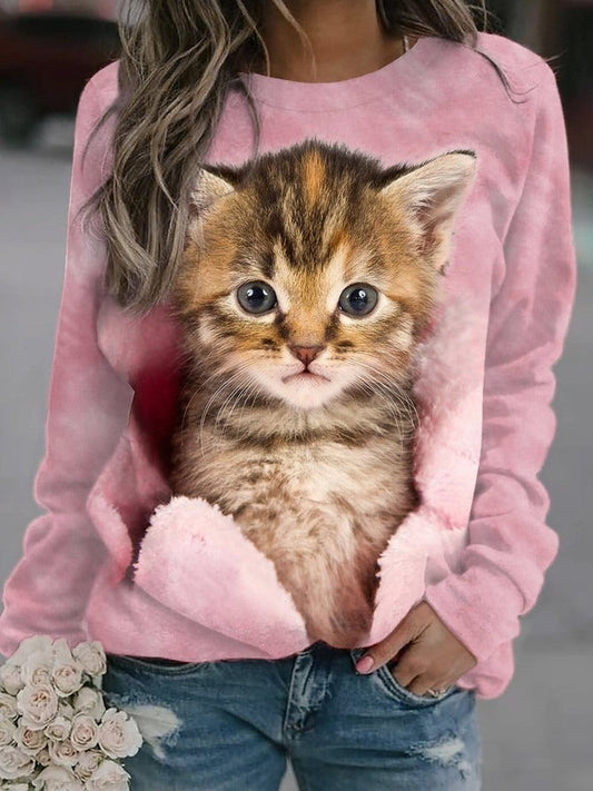 Women’s Sweatshirt – Relaxed Fit – Soft Fleece – 3D Cat Graphic – Casual Wear