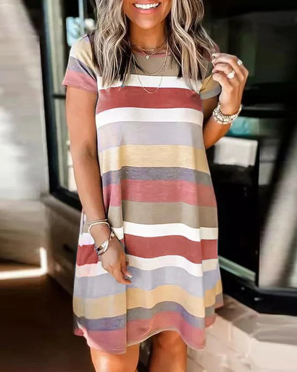 Women’s Casual Dress – Soft Knit – Relaxed Fit – Short Sleeve – Crew Neck – Knee Length