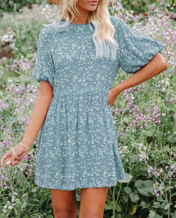Women’s A-Line Dress – Puff Sleeves – Floral Pattern – Breathable Fabric – Mini Length