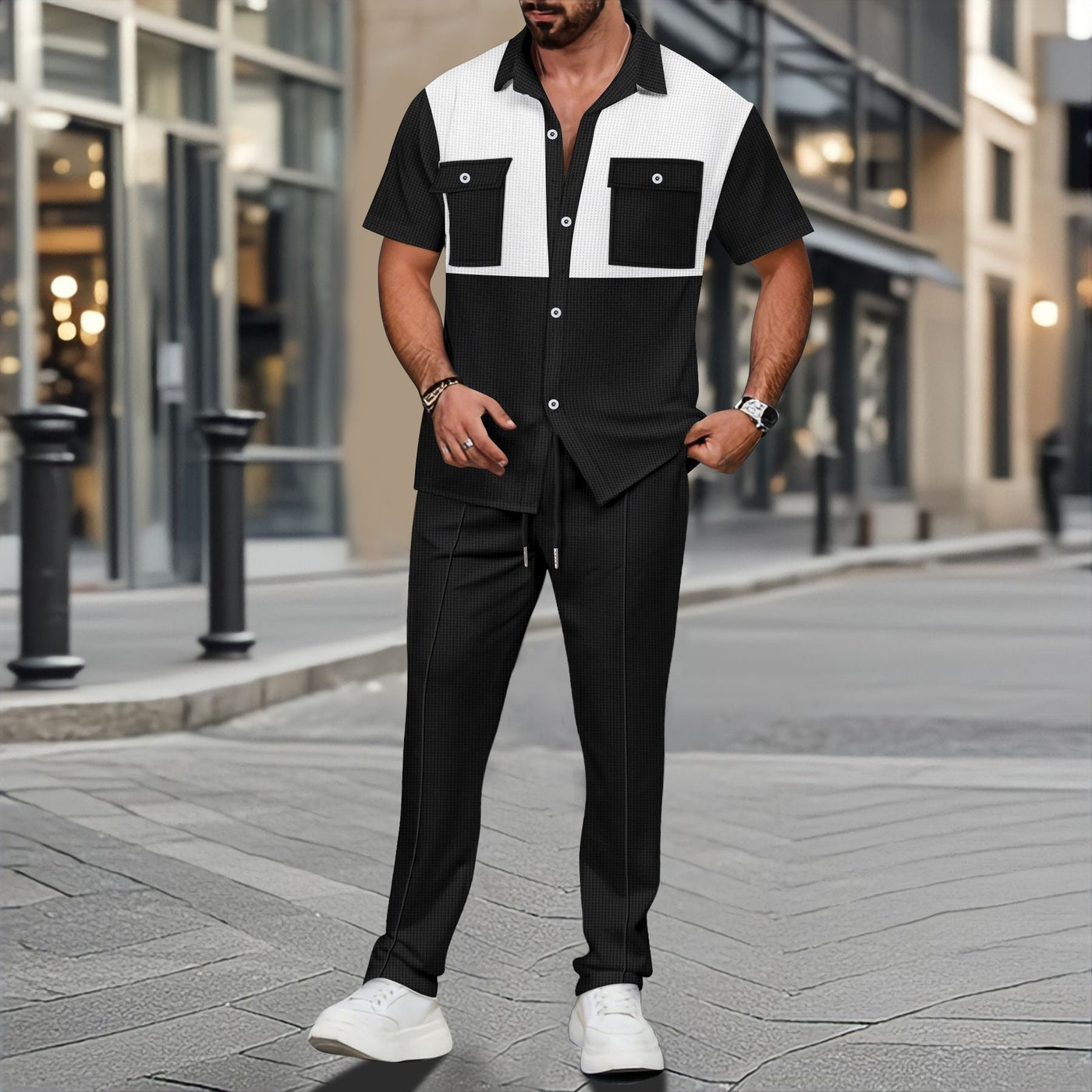 Men’s Two-Piece Set – Waffle Knit – Relaxed Fit Shirt and Drawstring Tapered Pants