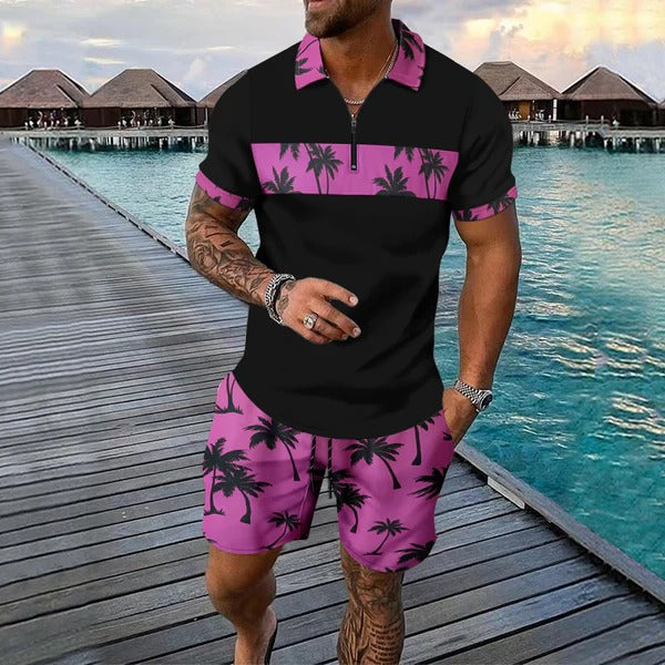 Men’s Casual Suit Set – Zip Polo Shirt – Palm Tree Print – Drawstring Shorts