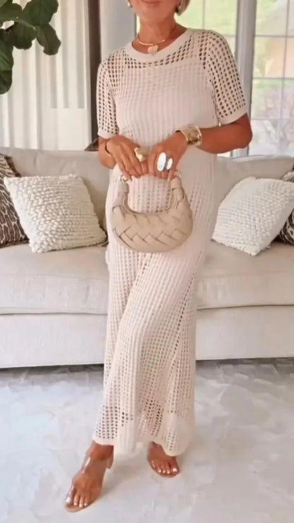 Women’s Maxi Dress – Mesh Overlay – Straight Fit – Short Sleeve Elegant Design
