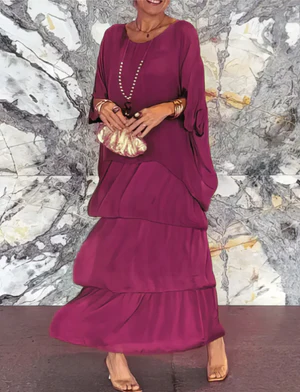 Women’s Maxi Dress – Tiered Flow – Elbow Sleeve Elegance