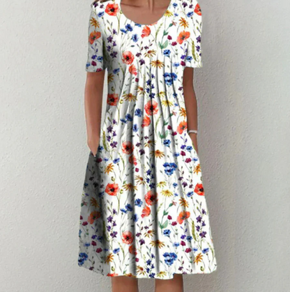 Women’s Midi Dress – A-Line Fit – Breathable Blend – Scoop Neck – Floral Print – Pockets