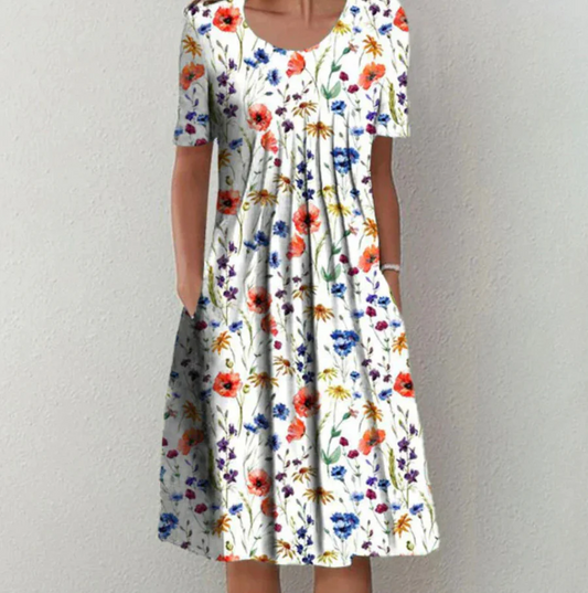Women’s Midi Dress – A-Line Fit – Breathable Blend – Scoop Neck – Floral Print – Pockets
