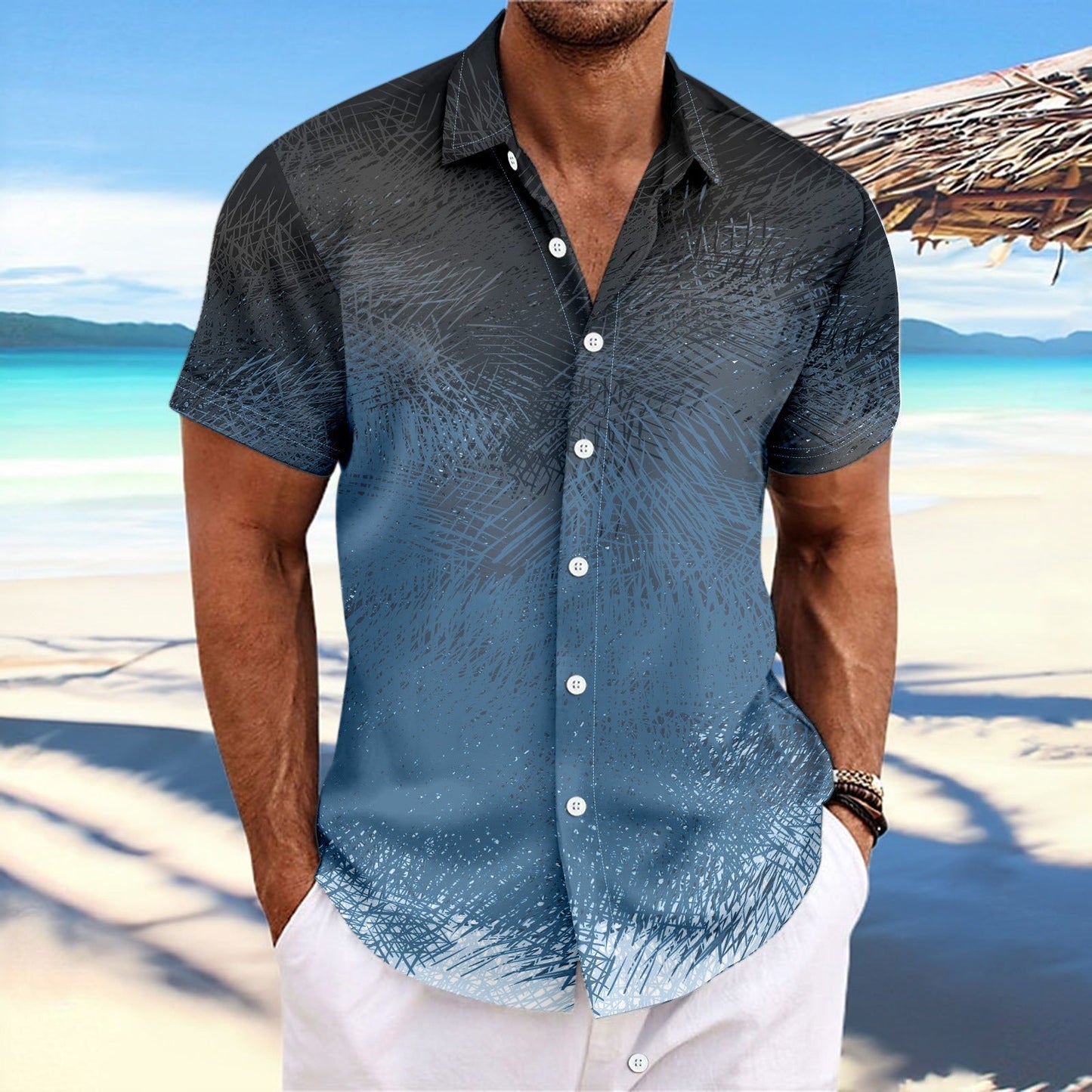 Men’s Short Sleeve Shirt – Relaxed Fit – Button Down – Gradient Stripe Print