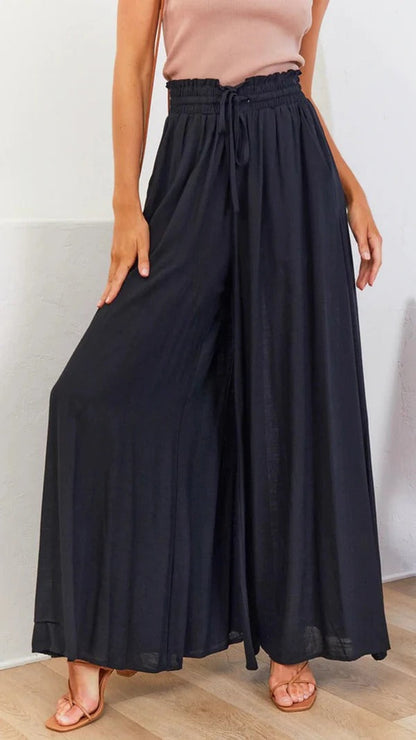 Women’s Relaxed Fit Pants – Wide Leg – Pleated Cotton Blend – Elastic Drawstring Waist