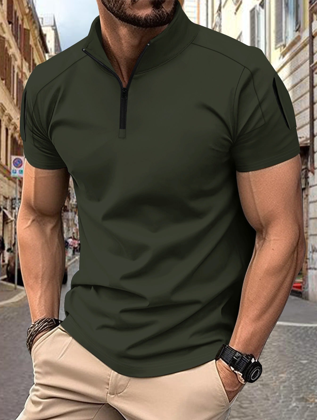 Men’s Polo Shirt – Slim Fit – Cotton Blend – Zip Collar – Tactical Sleeve Pocket