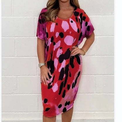 Women’s Midi Dress – Relaxed Fit – Lightweight Breathable – Watercolor Print – Short Sleeve