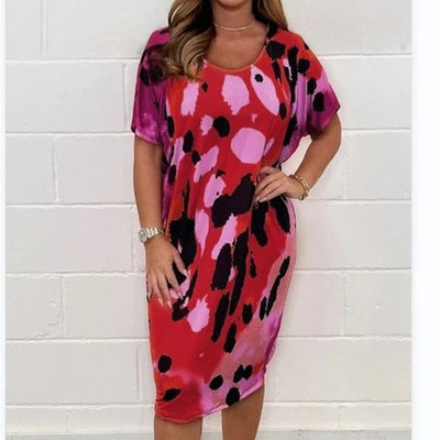 Women’s Midi Dress – Relaxed Fit – Lightweight Breathable – Watercolor Print – Short Sleeve