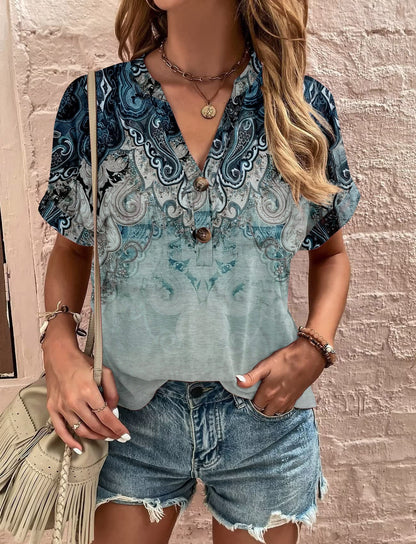 Women’s Shirt – Relaxed Fit – Short Sleeve – V-Neck – Floral Pattern – Soft Blend