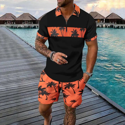 Men’s Casual Suit Set – Zip Polo Shirt – Palm Tree Print – Drawstring Shorts