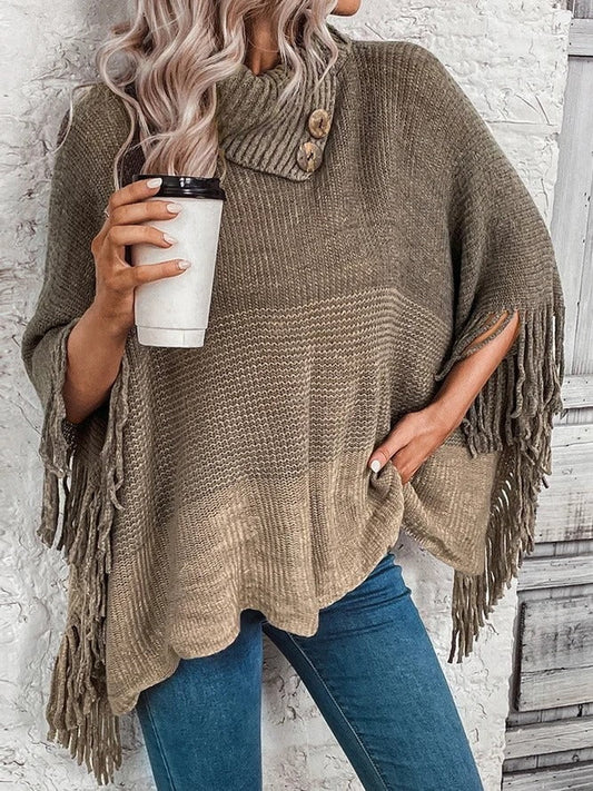 Women’s Knit Top – Oversized Fit – Ribbed Turtleneck – Fringed Hem – Soft Texture