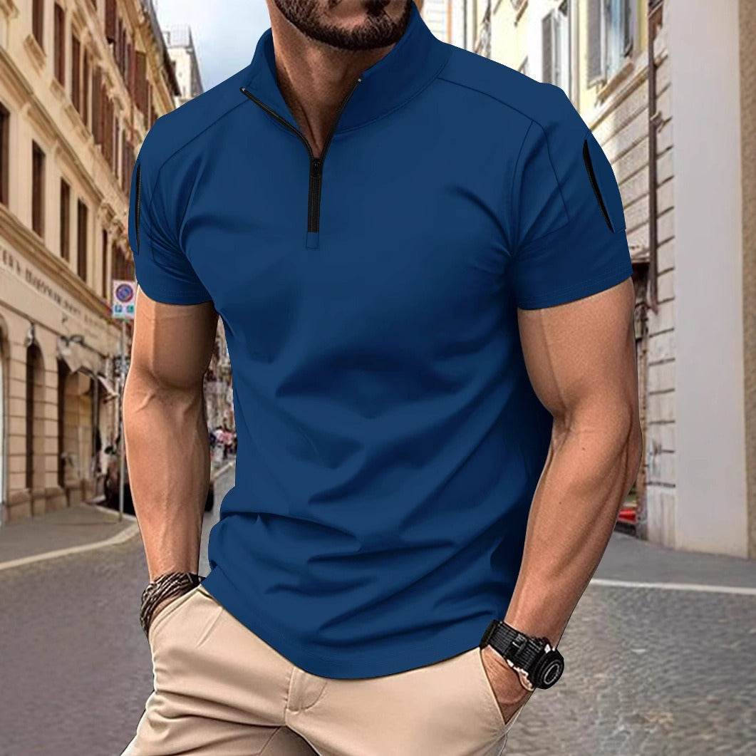 Men’s Polo Shirt – Slim Fit – Cotton Blend – Zip Collar – Tactical Sleeve Pocket
