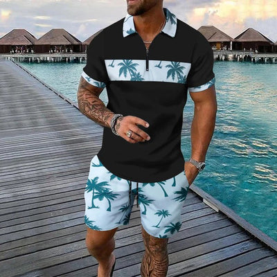 Men’s Casual Suit Set – Zip Polo Shirt – Palm Tree Print – Drawstring Shorts