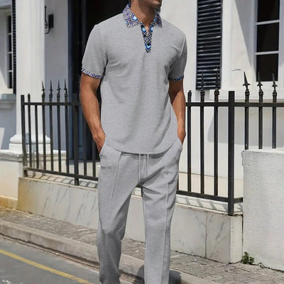 Men’s Casual Set – Relaxed Fit Short Sleeve Top – Tapered Drawstring Pants