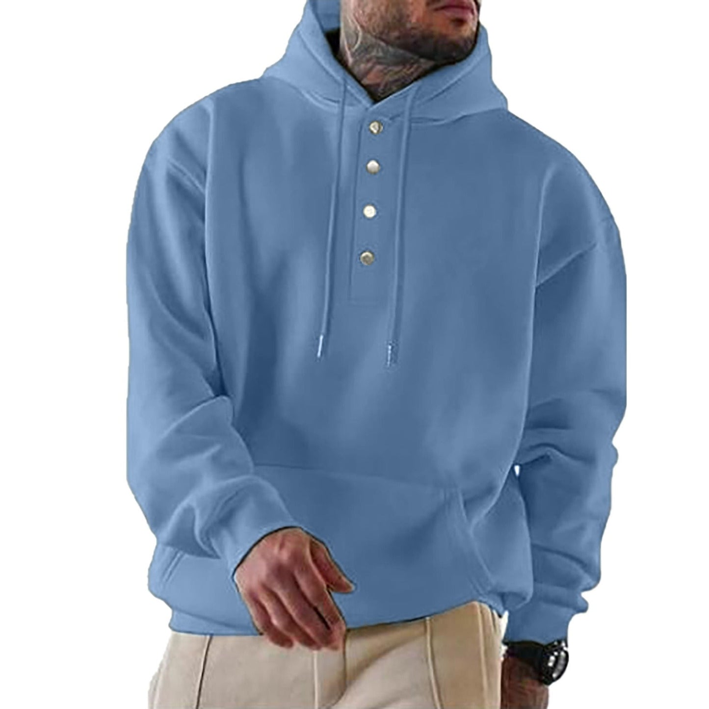 Men’s Hooded Sweatshirt – Loose Fit – Fleece Feel – Snap Button Front – Casual Style