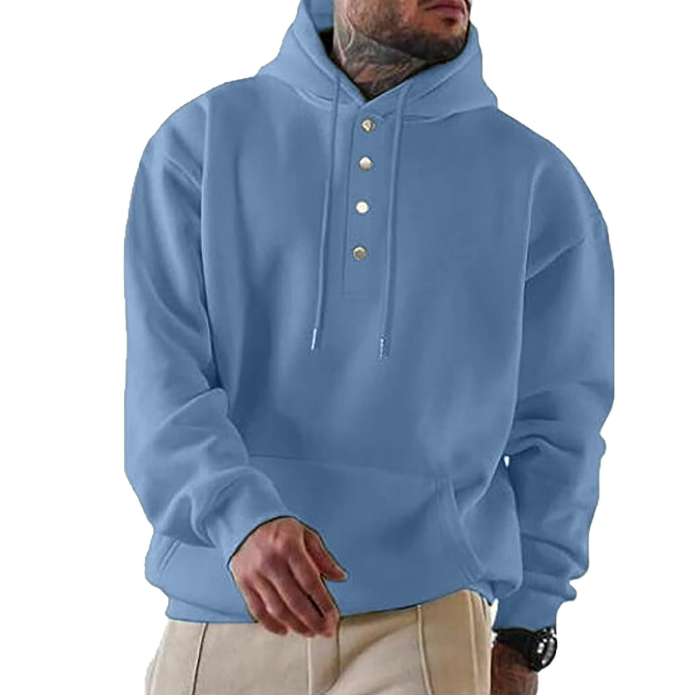 Men’s Hooded Sweatshirt – Loose Fit – Fleece Feel – Snap Button Front – Casual Style