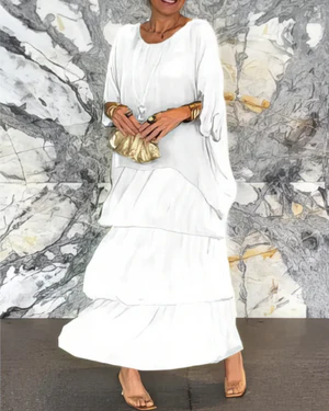 Women’s Maxi Dress – Tiered Flow – Elbow Sleeve Elegance