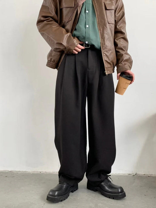 Men’s Wide Leg Trousers – Relaxed Fit – Pleated Front – Full Length